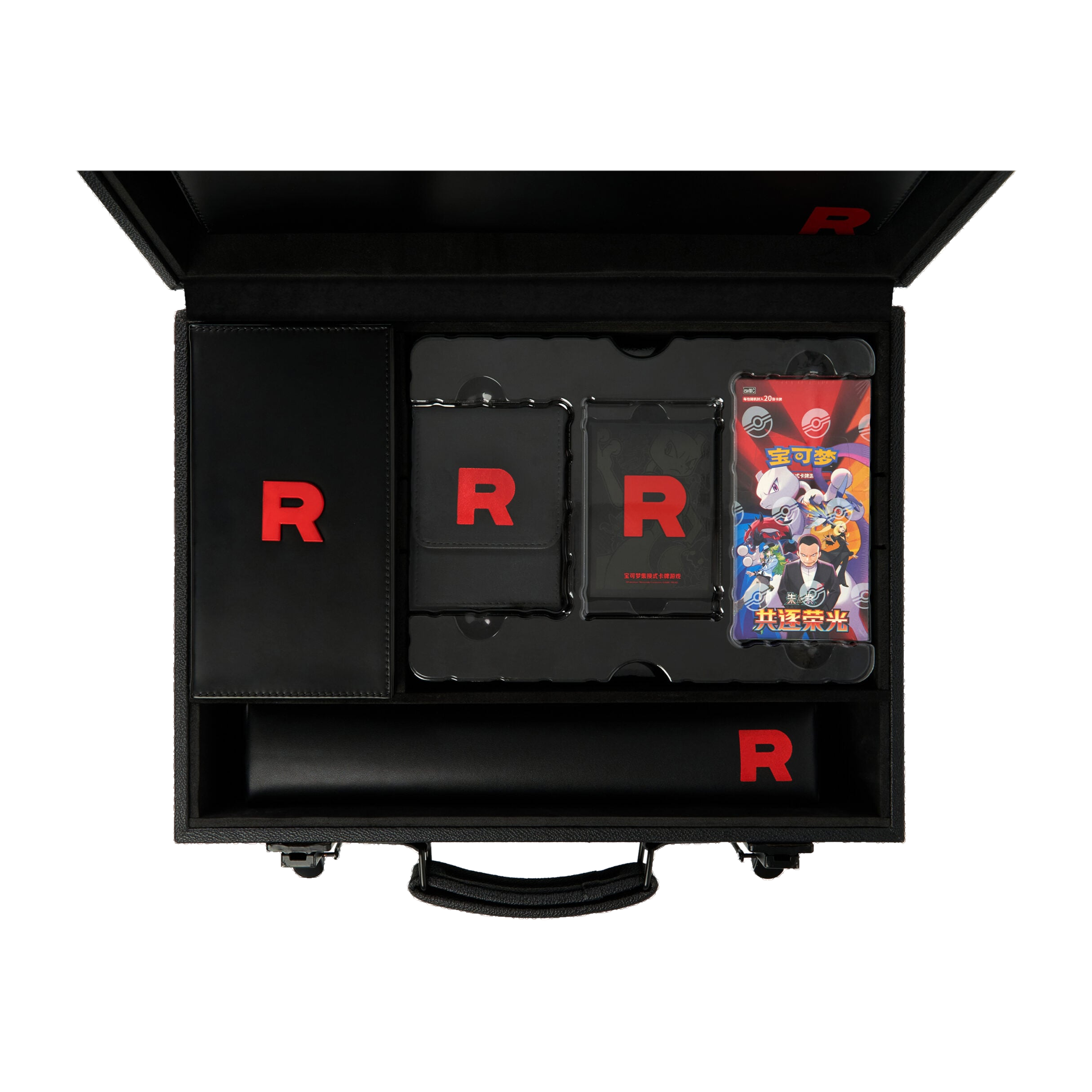 Briefcase open — deck box, dividers, Chasing Glory Together booster packs in trays