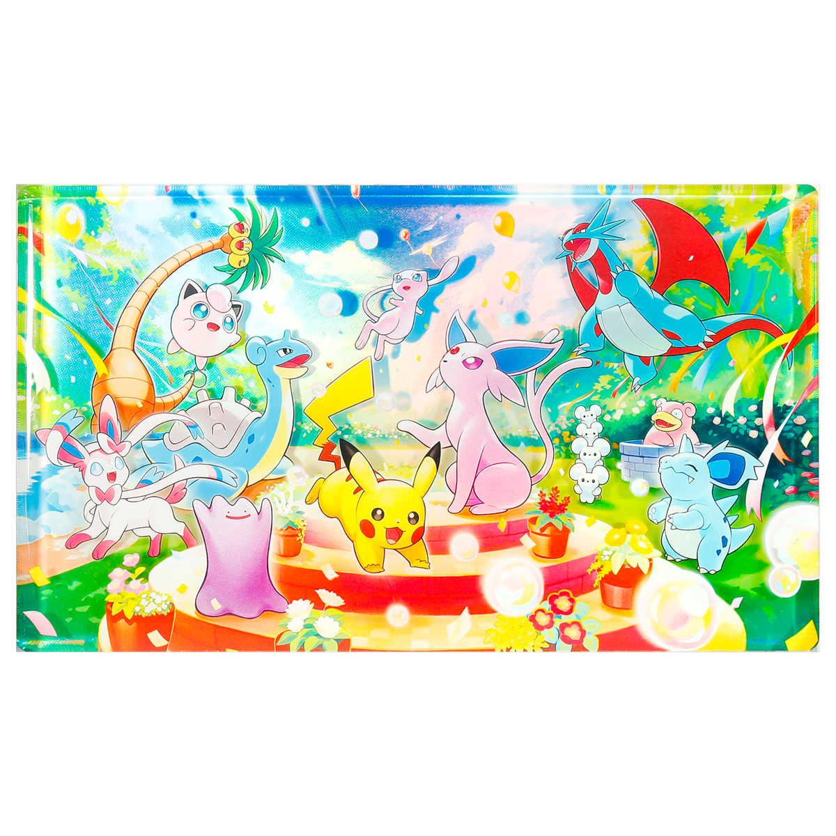 Day side of the dual-sided 30th Celebration magnet included in the box, showing Pikachu and the Eeveelutions in a bright daytime scene