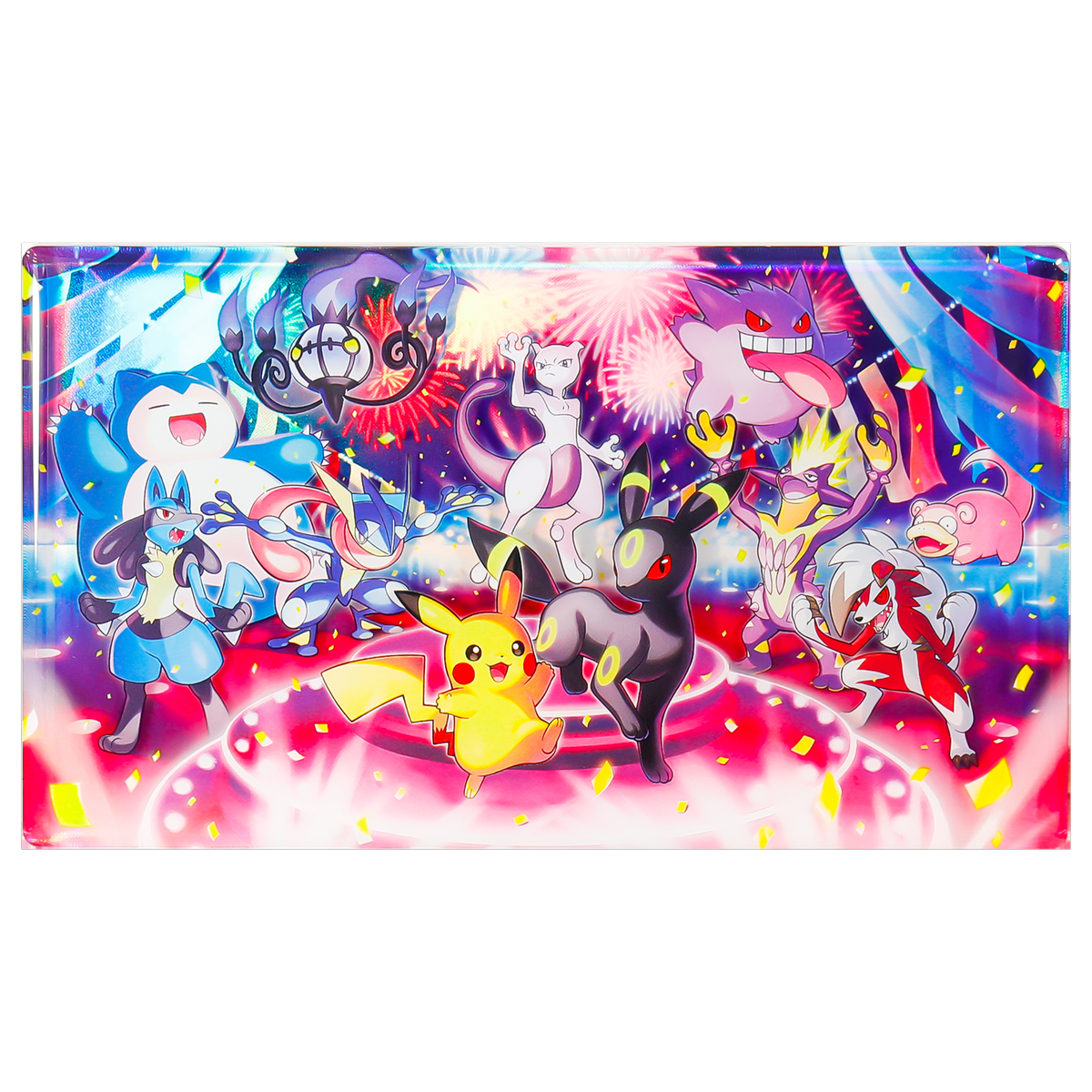 Night side of the dual-sided 30th Celebration magnet included in the box, showing Umbreon, Mewtwo and Gengar under fireworks