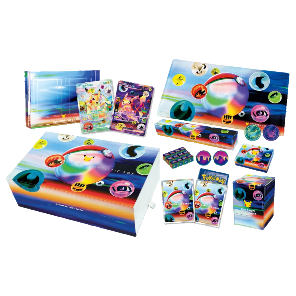 Traditional Chinese Pokemon 30th Celebration Futuristic Box full contents: outer box, acrylic display frame, two Pikachu ex Futuristic Rare promos, playmat, storage boxes, dice, coins and sleeves