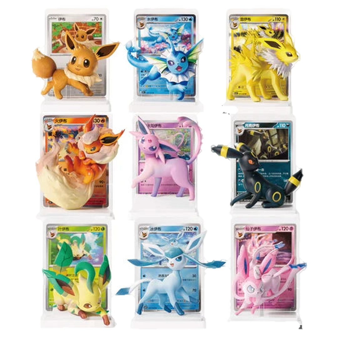 All nine Dream Painting Vol. 3 designs: Eevee, Vaporeon, Jolteon, Flareon, Espeon, Umbreon, Leafeon, Glaceon and Sylveon figures with matching cards
