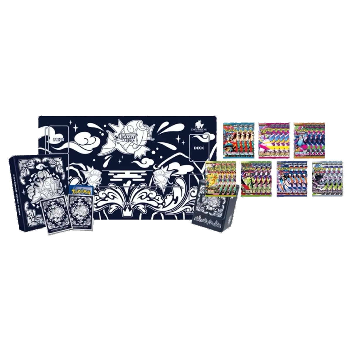 Contents of the Magikarp Mother of Pearl Special Set: playmat, card album, sleeves, deck case, storage box and 28 Korean booster packs