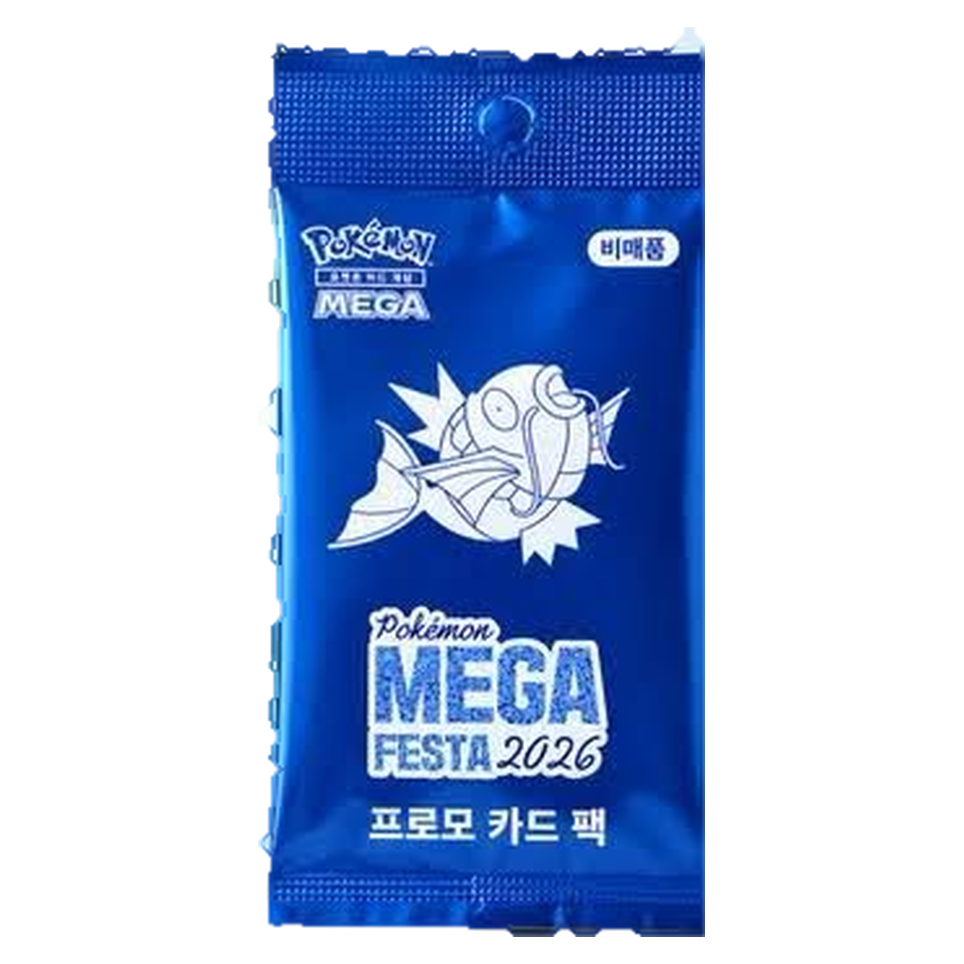 Sealed Pokémon MEGA FESTA 2026 Magikarp promo card pack, Korean 비매품 not-for-sale promo in blue foil