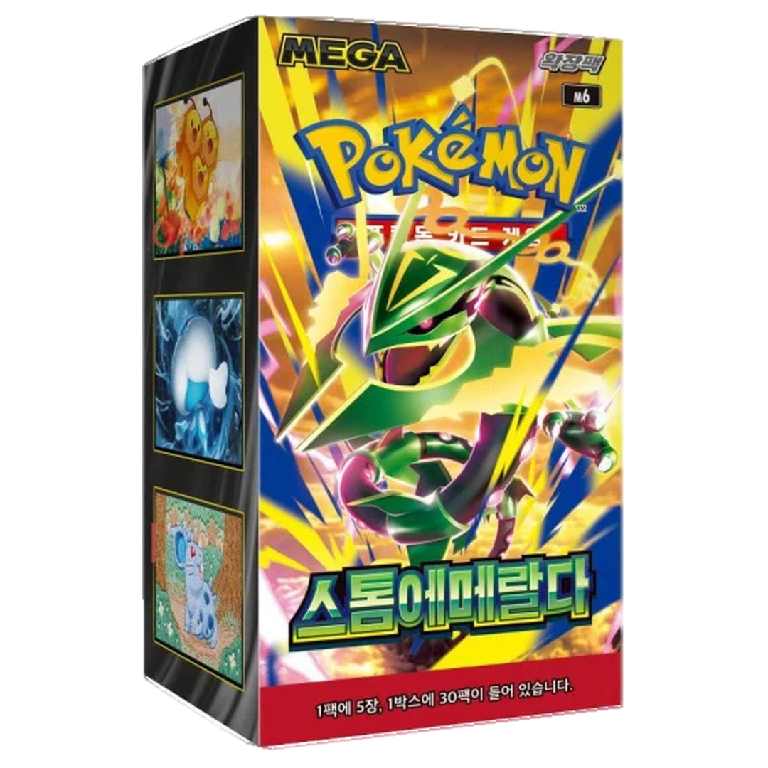 Sealed Korean Pokémon Storm Emeralda M6 booster box with Mega Rayquaza artwork, 30 packs